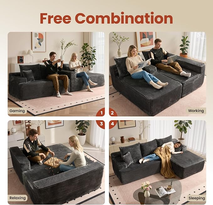 ovios 96" Cloud Sectional Couch with L-Shape Chaise,Modern Modular Sofa with Deep Seat, Upholstered Couches for Living Room Bedroom,No Assembly Required, Grey (Plush Corduroy Fabric)