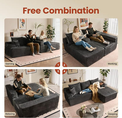 ovios 96" Cloud Sectional Couch with L-Shape Chaise,Modern Modular Sofa with Deep Seat, Upholstered Couches for Living Room Bedroom,No Assembly Required, Grey (Plush Corduroy Fabric)