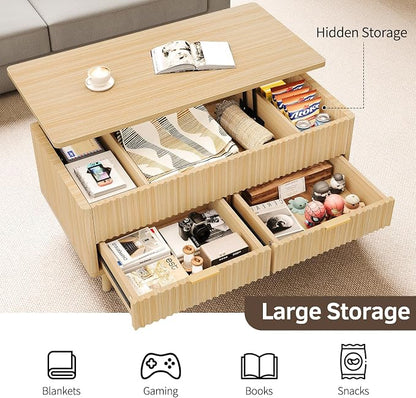 Lift Top Coffee Table with Storage - Fluted Wood Coffee Tables for Living Room with Drawers & Hidden Compartment, Mid Century Modern Square Large Center Table for Home Office, Reception