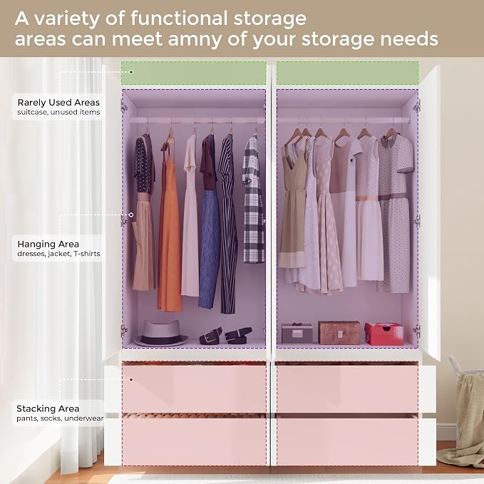 Armoire Wardrobe Closet with 4 Doors, Wooden Wardrobe Cabinet with 4 Drawers, Hanging Rod & Shelves, Freestanding Closets for Bedroom (White, 2)