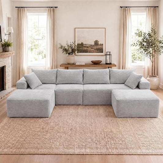 Claiks 120" Boneless Couch, Cloud Couch Sectional, U-Shape Corduroy Modular Sectional Sofa Deep Seat, Upholstered Couches for Living Room, No Assembly Required, Light Grey