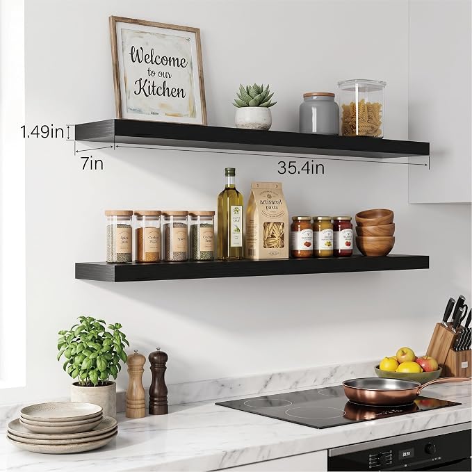 Floating Shelves for Wall, Bathroom Shelves Over Toilet, Wall Shelves & Book Shelf for Room, Hanging Shelf, Modern Wooden Mounted Floating Shelves, 36x7x1.5 in (Black, Set of 2)