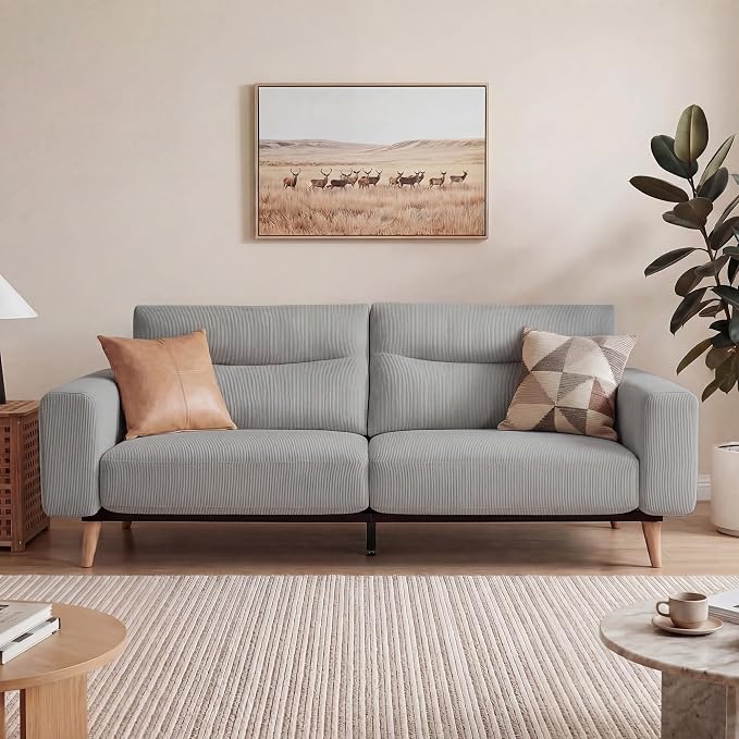 Claiks 81" Oversized Loveseat Sofa, Mid Century Modern Couch for Living Room, Bedroom & Apartment, Corduroy Upholstered 2-3 Seater Sofa with Sturdy Metal Frame, Easy Assembly, Light Grey