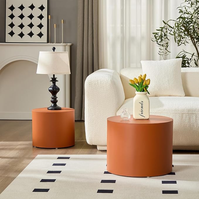 Round Coffee Table Set of 2, Modern Leather Circle Accent Tables, Minimalist Wooden Drum Side Table for Small Spaces Living Room Bedroom Balcony Office, Orange