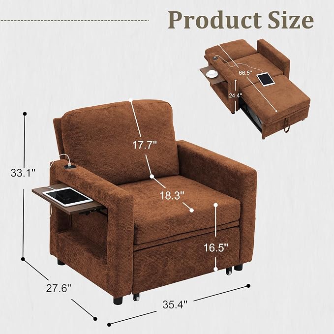 3 in 1 Folding Convertible Sleeper Sofa Bed Pull Out Couch with Side Pockets USB Port Side Table Single Sofa Bed with Adjustable Backrest for Living Room Bedroom 66" Orange 1 SEAT