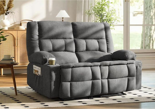 Loveseat Recliner Sofa, Wall Hugger Reclining Loveseat with Cup Holders & Storage Pockets, 150° Adjustable RV Couch, Traditional 2-Seat Reclining Couch for Living Room, RV, Home Theater, Grey