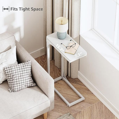 QEEIG Narrow C Shaped Side Table Set of 2 Living Room Sets Slim Couch Tray Tables Skinny Thin Small Modern 7 inch Width, White (017-18WW)