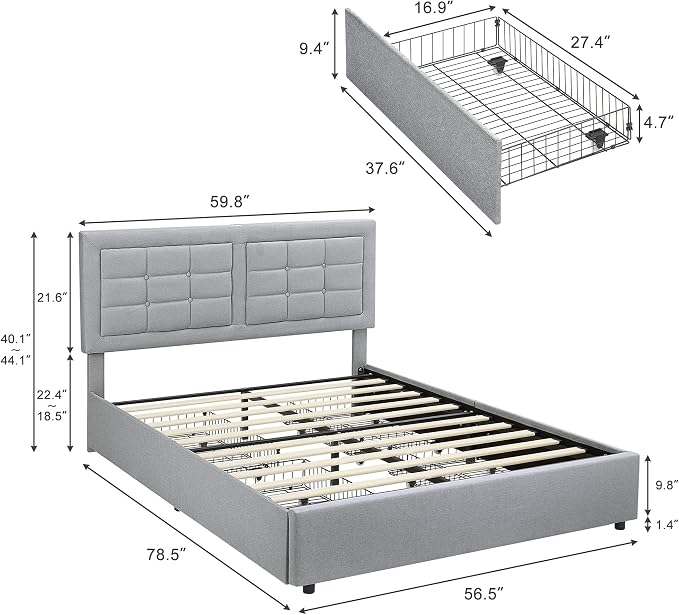 VECELO Full Size Bed Frame with 4 Drawers, Adjustable Tufted Button Headboard, Upholstered Platform with Wood Slats Support, Built-in USB and Type C Ports, Light Grey