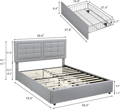 VECELO Full Size Bed Frame with 4 Drawers, Adjustable Tufted Button Headboard, Upholstered Platform with Wood Slats Support, Built-in USB and Type C Ports, Light Grey