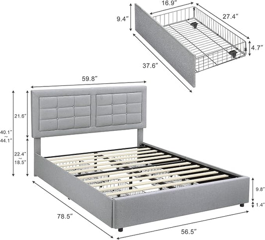 VECELO Full Size Bed Frame with 4 Drawers, Adjustable Tufted Button Headboard, Upholstered Platform with Wood Slats Support, Built-in USB and Type C Ports, Light Grey