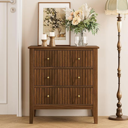 Night Stand, Fluted 3 Drawer Wide Farmhouse Nightstand with Gold Handle, Larger Wider Modern Bedside End Table for Bedroom, Living Room, Walnut