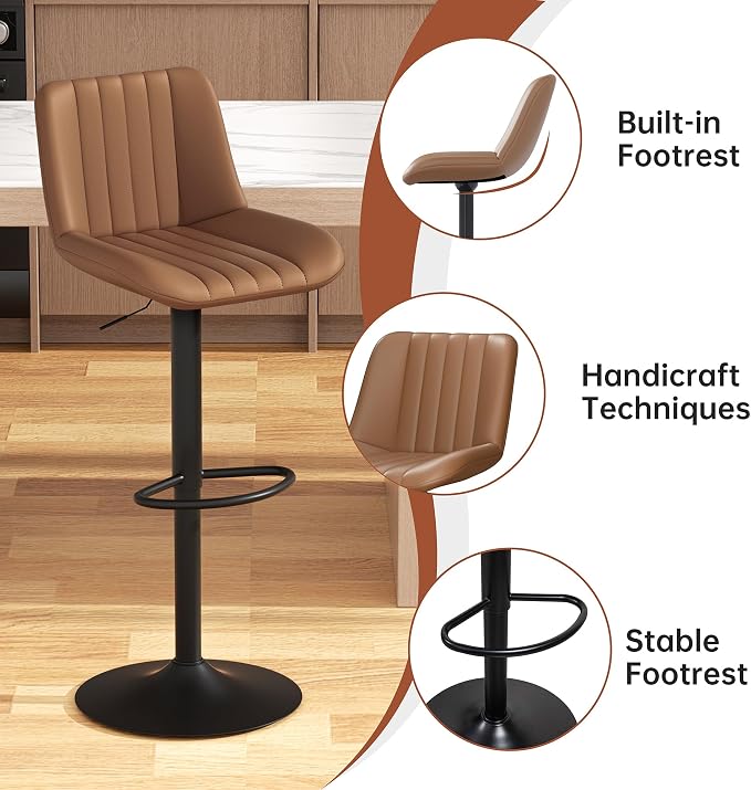 JAMFLY Modern Leather Bar Stools – Swivel & Height-Adjustable Bar Chairs with Footrest, Ergonomic Design for Kitchen Island, Home & Commercial Bar – Set of 6, Brown