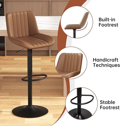 JAMFLY Modern Leather Bar Stools – Swivel & Height-Adjustable Bar Chairs with Footrest, Ergonomic Design for Kitchen Island, Home & Commercial Bar – Set of 6, Brown