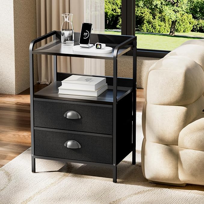 Night Stand Set 2, Nightstand with 2 Fabric Drawer, End Table with Open Shelf, Bedside Table Side Table with Wooden Top for Bedroom, Black