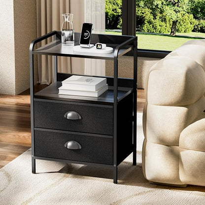 Night Stand Set 2, Nightstand with 2 Fabric Drawer, End Table with Open Shelf, Bedside Table Side Table with Wooden Top for Bedroom, Black