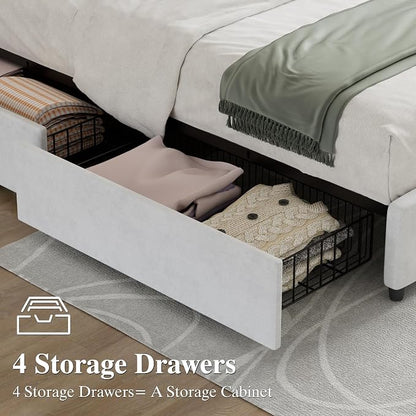 VECELO Full Size Bed Frame with 4 Storage Drawers, Adjustable Height Headboard, Heavy-Duty Platform Bedframe with Strong Wooden Slats, No Box Spring Needed, Pure White