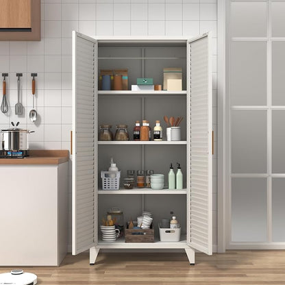 61" Tall White Kitchen Pantry Cabinet, Farmhouse Metal Pantry Storage Cabinets, with 2 Louvered Door and 3 Adjustable Shelves, Multipurpose Storage Organizer, for Home, Entryway, Kids Room