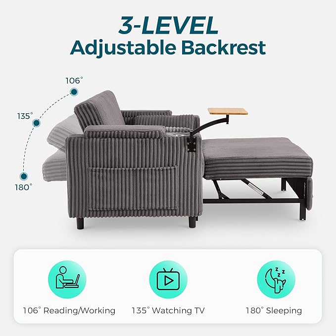 LINSY HOME 3-in-1 Pull Out Sofa Bed, 58" Convertible Sleeper Sofa for Living Room, 360° Swivel Table, Storage Armrests, Charging Station, Cup Holders, 2 Pillows, Corduroy Loveseat Futon Couch, Grey