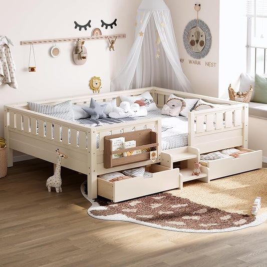 Bellemave Queen Size Montessori Bed with Slats and Stairs, Queen Size Platform Bed Frame with Fence, Bookshelf and Storage Drawers, Low Profile Beds Beds for Girls, Boys, Beige