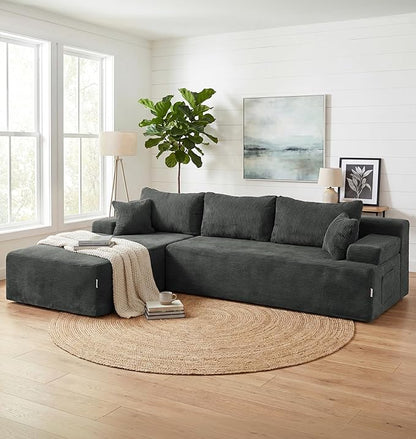 Hobestluk Modular Sectional Sofa Couches L-Shape Couch 3 Seat Modular Sofa Memory Foam Sectional Couches for Living Room, Cloud Couch with Oversized Chaise (Grey Corduroy, 108", Left Hand Facing)