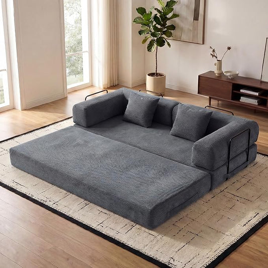 ZEIINPA Comfy Convertible Folding Mattress Couch, Floor Sofa Bed with Fixed-Shape Frame, Corduroy Floor Sofa with Armrest, Floor Sofa Lounge Couch for Living Room Bedroom Lounge Studio,Grey