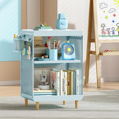 SYKIARIOL Kids Nightstand for Girls, Metal Bedside Table with 4 Hooks & Hanging Basket, 3-Tier Storage Shelf, Toddler Night Stand for Bedroom, Mint Green