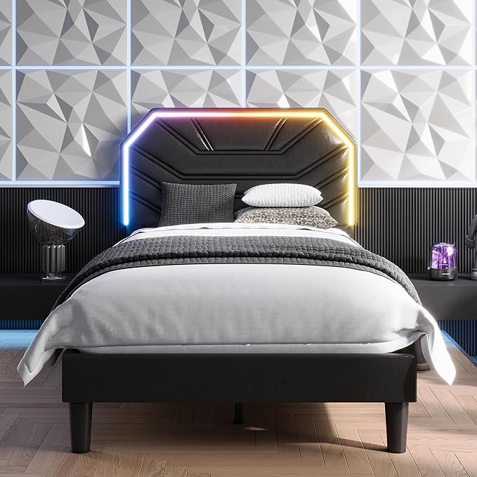 LIKIMIO Twin Bed Frames with LED Light Headboard, Upholstered Modern Cama Twin Platform Bed Frame with Heavy Duty Supports, No Box Spring Need, Noise Free, Easy Assembly, Black