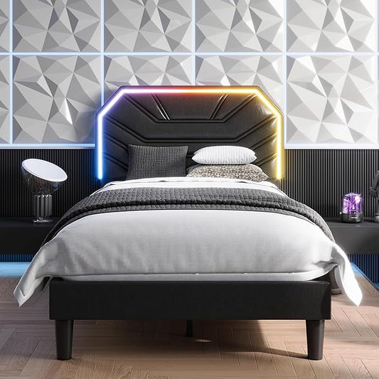 LIKIMIO Twin Bed Frames with LED Light Headboard, Upholstered Modern Cama Twin Platform Bed Frame with Heavy Duty Supports, No Box Spring Need, Noise Free, Easy Assembly, Black