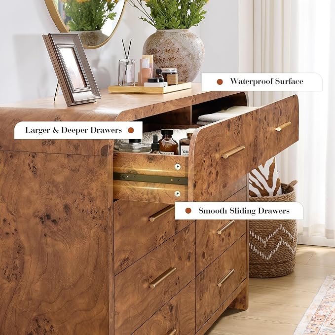 Curved 8-Drawer Dresser for Bedroom, 53.82" Wide Modern Chest of Drawers, Vanity Desk TV Stand for Living Room, Closet Storage Drawers Organizer Furniture, Nursery, Hallway, Dark Burl
