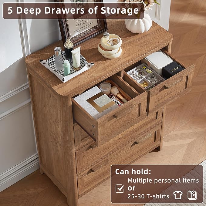 Joaxswe Farmhouse 5 Drawer Dresser for Bedroom, Vertical Dressers Chest of Drawers with 5 Deep Drawers & 4 Thickened Table Legs & Rounded Corners, Brown