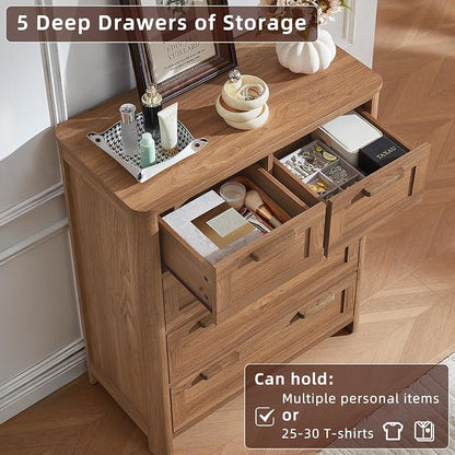 Joaxswe Farmhouse 5 Drawer Dresser for Bedroom, Vertical Dressers Chest of Drawers with 5 Deep Drawers & 4 Thickened Table Legs & Rounded Corners, Brown