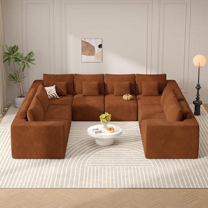 Modern U Shaped Modular Sectional Sofa, Convertible Oversized Cloud Couches for Living Room, Comfy 8 Seater Corduroy Boneless Couch Sofa Set, No Assembly Required, Beige 1 PCS