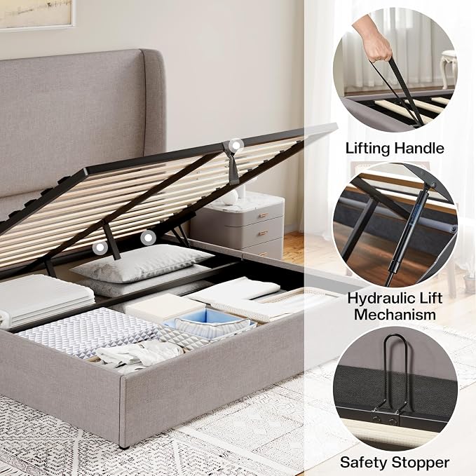 Jocisland Queen Size Upholstered Platform Bed Frame with Hydraulic Lift Storage, Wingback Headboard, Wood Slats Support, No Box Spring Needed, Linen Light Grey