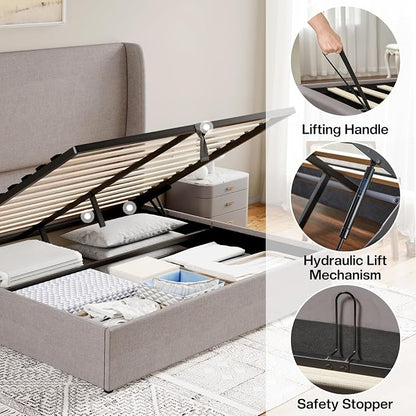 Jocisland Queen Size Upholstered Platform Bed Frame with Hydraulic Lift Storage, Wingback Headboard, Wood Slats Support, No Box Spring Needed, Linen Light Grey
