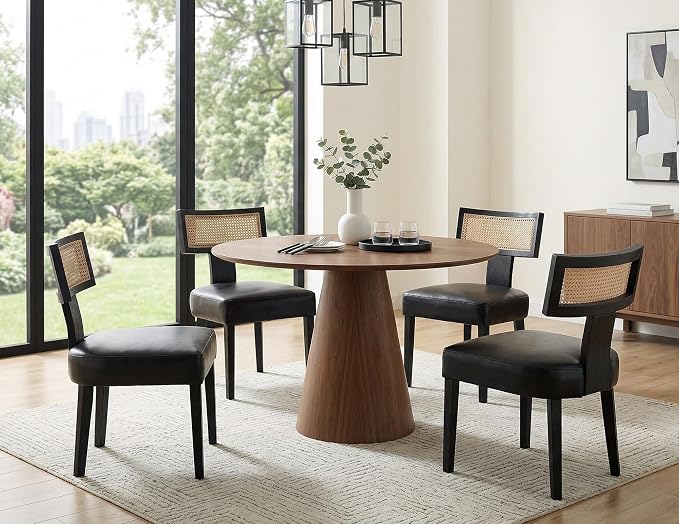 RIVOVA Rattan Dining Chairs Set of 4, Modern PU Leather Upholstered Kitchen Chairs, Wooden Dining Room Chair Farmhouse Dinner Chair, Black