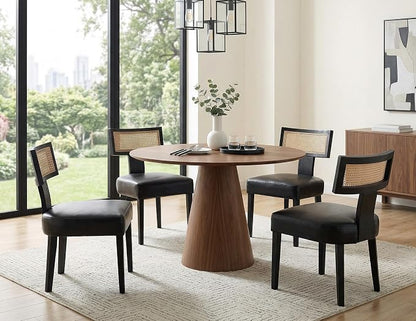 RIVOVA Rattan Dining Chairs Set of 4, Modern PU Leather Upholstered Kitchen Chairs, Wooden Dining Room Chair Farmhouse Dinner Chair, Black