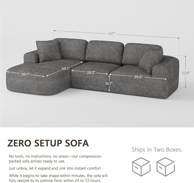 Dowinx 107'' Modular Sectional Sofa Couch with Chaise, No Assembly Required, Modern Bouclé-Inspired Upholstery, Convertible L-Shaped Design for Living Room – Charcoal Grey