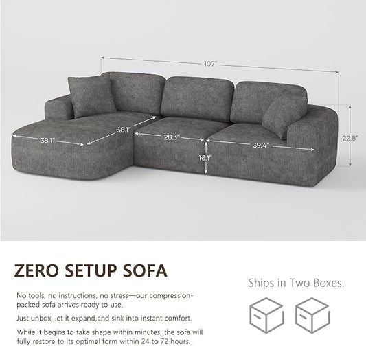 Dowinx 107'' Modular Sectional Sofa Couch with Chaise, No Assembly Required, Modern Bouclé-Inspired Upholstery, Convertible L-Shaped Design for Living Room – Charcoal Grey