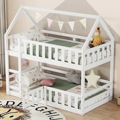 SOFTSEA Bunk Bed Twin Over Twin, Solid Wood House Bunk Bed Frame with Ladder, Door & Safety Guardrails, Floor Bunk Beds for Kids, Noise Free, Easy Assembly, White