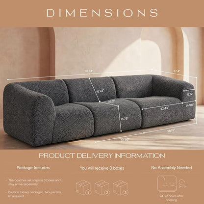 Curved Sectional Modular Couch with Chaise, Modern 110.24'' Boneless Sofa with Deep Seat, Sherpa Boucle Cloud Couch for Living Room, Cozy Teddy 3 Seater Couches，No Assembly, Gray