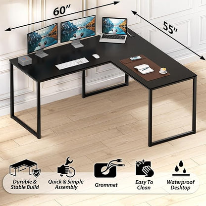SHW Mission 55 x 60 Inches L-Shape Home Office Computer Desk, Black