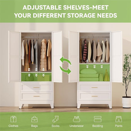 Baborokic Metal Wardrobe Cabinet with Hanging Rod,71" Armoire Wardrobe Closet with 2 Drawers,Farmhouse Bedroom Armoire,Storage Cabinets with Door and Shelves for Bedroom,Laundry Room(White)