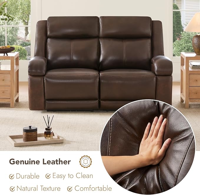 Watson & Whitely Genuine Leather Power Loveseat Recliner Sofa, 2 Seat Wall Hugger Reclining Sofa with Power Headrest & Charging Ports, Dual Recliner Sofas for Living Room, RV, Dark Brown