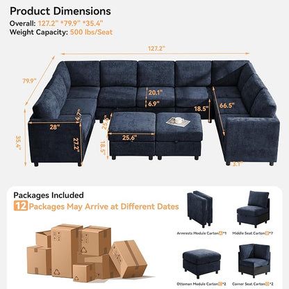 127'' Oversized U Shaped Modular Sofa, Sectional Couches with Storage for Living Room, Modern 9 Seater Cloud Sectional Couch with Movable Ottoman, Chenille Navy