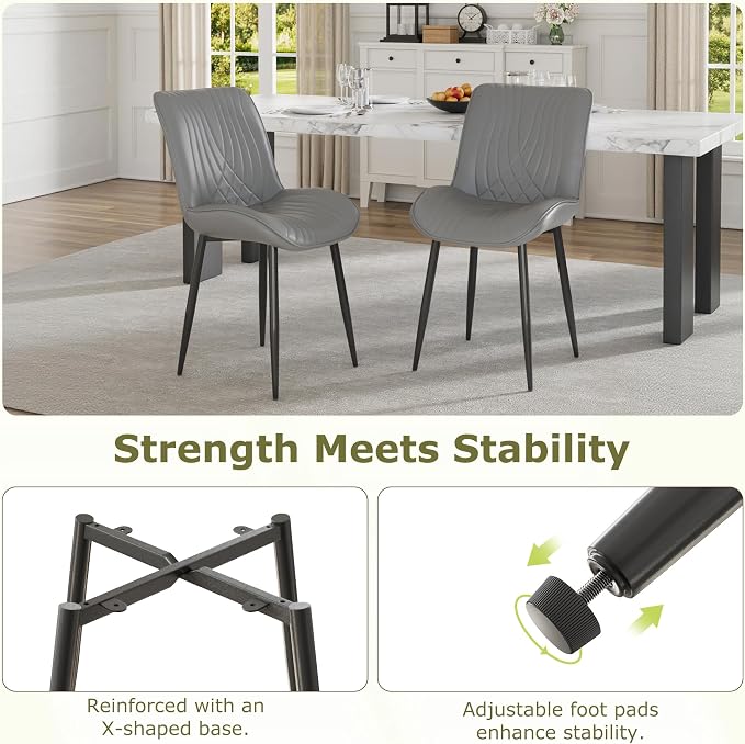 VECELO Dining Chairs Set of 6, Modern Upholstered Faux Leather Cushion Seat and Metal Legs for Kitchen, Living Room, Grey