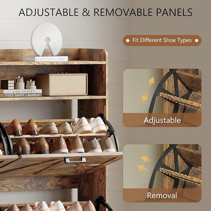 Shoe Cabinet with 4 Flip Drawers, Freestanding Hidden Shoe Storage Organizer for Entryway, Narrow Slim Shoe Rack Cabinet with Open Storage & Hooks for Front Door Entrance, Living Room, Hallway, Brown