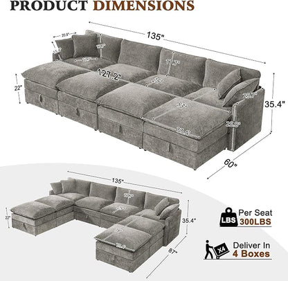 Ihanherry 135” Oversized Sectional Sofa Bed with Storage, 8-Seater Modular Cloud Couch with Movable Ottomans, Chenille Deep Seat Sleeper Couches for Living Room (Grey)