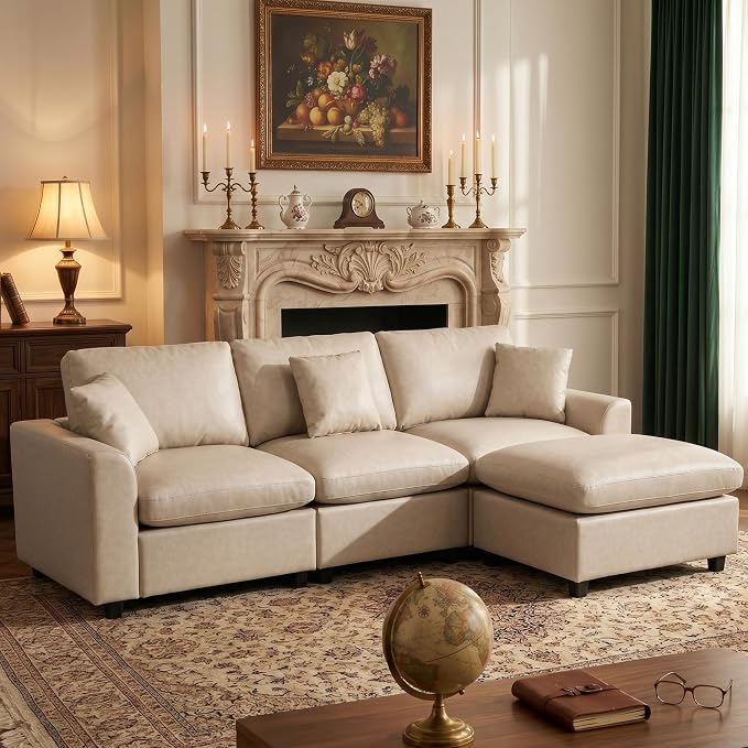 100" Faux Leather Modular Sectional Sofa for Living Room, Oversized 3 Seater L Shaped Cloud Couch with Ottoman, Extra Large Deep Seat, Pet-Friendly, Easy to Clean, Beige