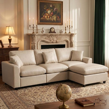 100" Faux Leather Modular Sectional Sofa for Living Room, Oversized 3 Seater L Shaped Cloud Couch with Ottoman, Extra Large Deep Seat, Pet-Friendly, Easy to Clean, Beige