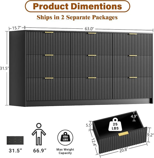 Furniway Black Dresser for Bedroom, Modern Dresser with 9 Drawers and Smooth Slides, Wide Chest of Drawers with Golden Handles for Bedroom, Living Room, Closet, 15.7" D x 63" W x 31.5" H
